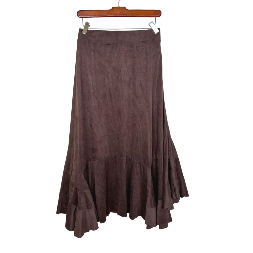 Y2K 90s Skirt L Midi Faux Suede Chocolate Brown Handkerchief Hem Whimsigoth Boho